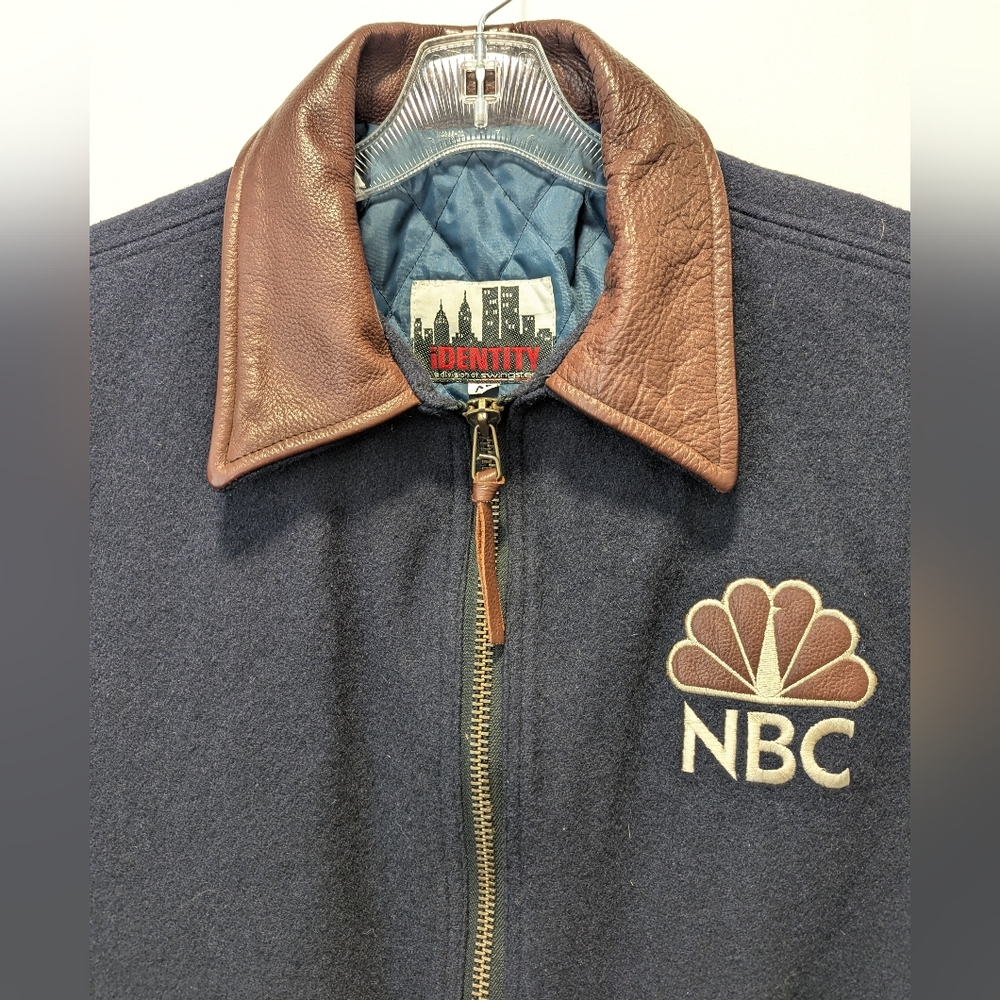Vintage Identity Mens NBC Navy Wool Leather Trim Jacket XL Peacock Made In USA
